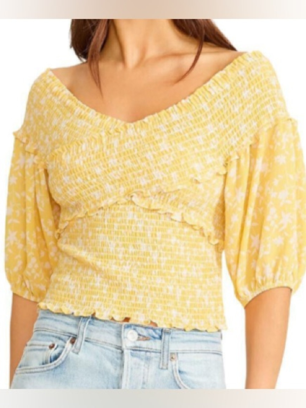 BB Dakota Yellow Smocked Off-Shoulder Peasant Blouse